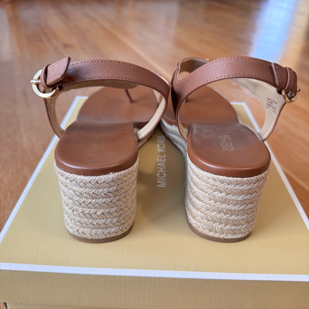 Michael Kors Brown Leather Espadrille Wedge Sandals with Gold Logo - Picture 5 of 9